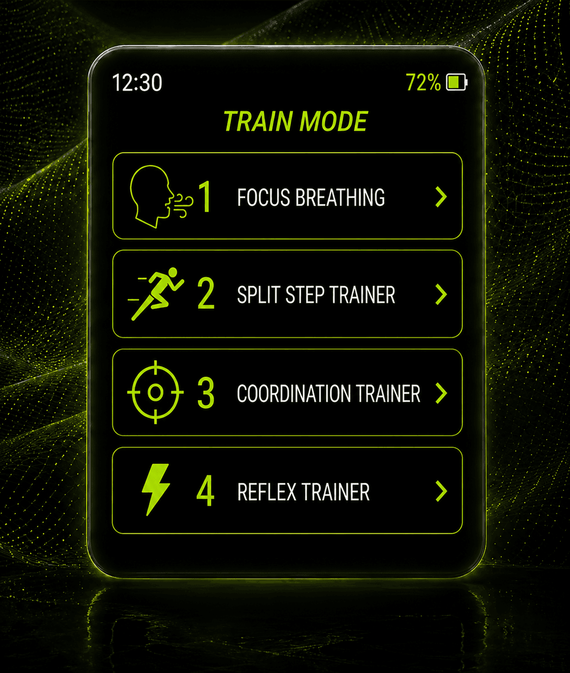 AceBand Train Mode screen with focus, split step, coordination, and reflex training